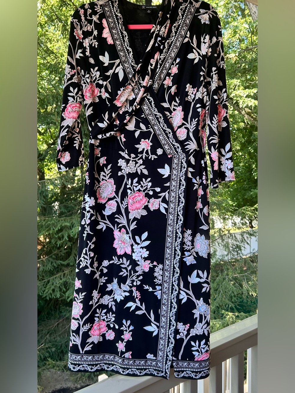 INC International Concepts Black with Pink Floral Print Wrap Dress 3/4 Sleeve - Picture 4 of 4